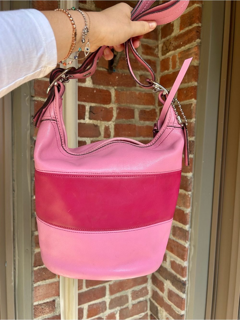 Vintage coach rugby duffel sac style F13357 pink striped leather y2k retro purse - Picture 1 of 14